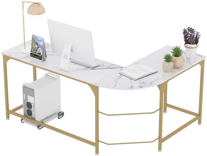 Photo 1 of Teraves Reversible L-Shaped Desk Corner Gaming Computer Desk Office Workstation Modern Home Study Writing Wooden Table (Large, White Marbling+ Gold Frame)
