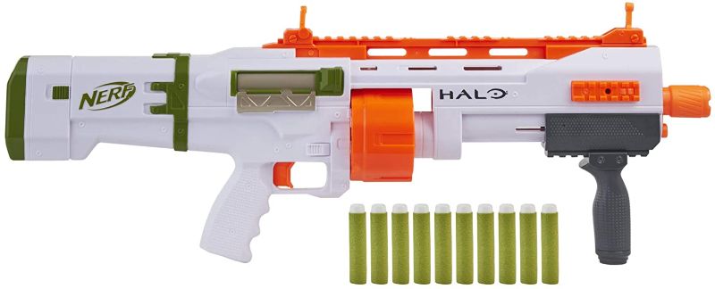 Photo 2 of NERF Halo Bulldog SG Dart Blaster -- Pump-Action, Rotating 10-Dart Drum, Tactical Rails, 10 Official Elite Darts, Skin Unlock Code
