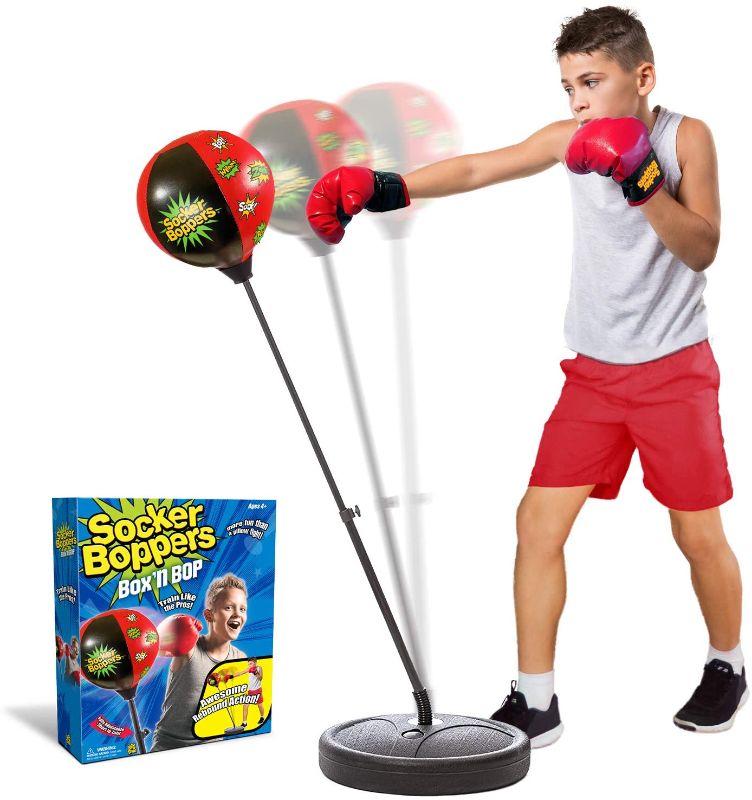 Photo 1 of Socker Boppers “BoxNBop” Freestanding Punching Bag with Stand and Gloves and Pump for Kids, Box, Bop, Punch, Adjustable height 29-42”, Great tool for agility-balance-coordination-athletic development
