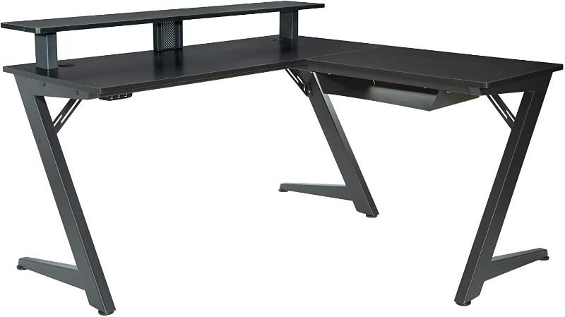 Photo 1 of OSP Home Furnishings Avatar Battlestation L-Shape Gaming Desk with Bluetooth RGB LED Lights and Carbon Fiber Surface, Matte Black
