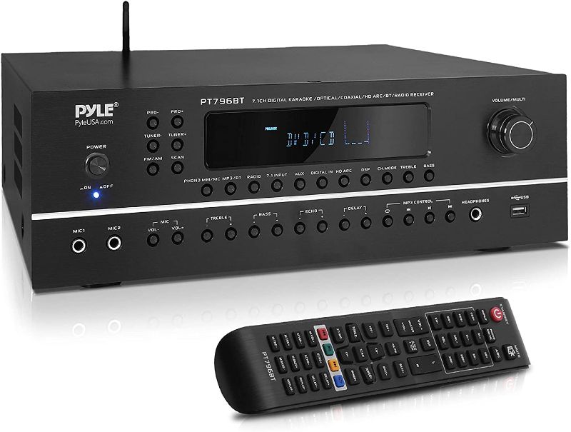 Photo 1 of Pyle 7.1-Channel Hi-Fi Bluetooth Stereo Amplifier - 2000 Watt AV Home Theater Speaker Subwoofer Surround Sound Receiver w/ Radio, USB, RCA, HDMI, MIC IN, Supports 4K UHD TV, 3D, Blu-Ray - PT796BT
