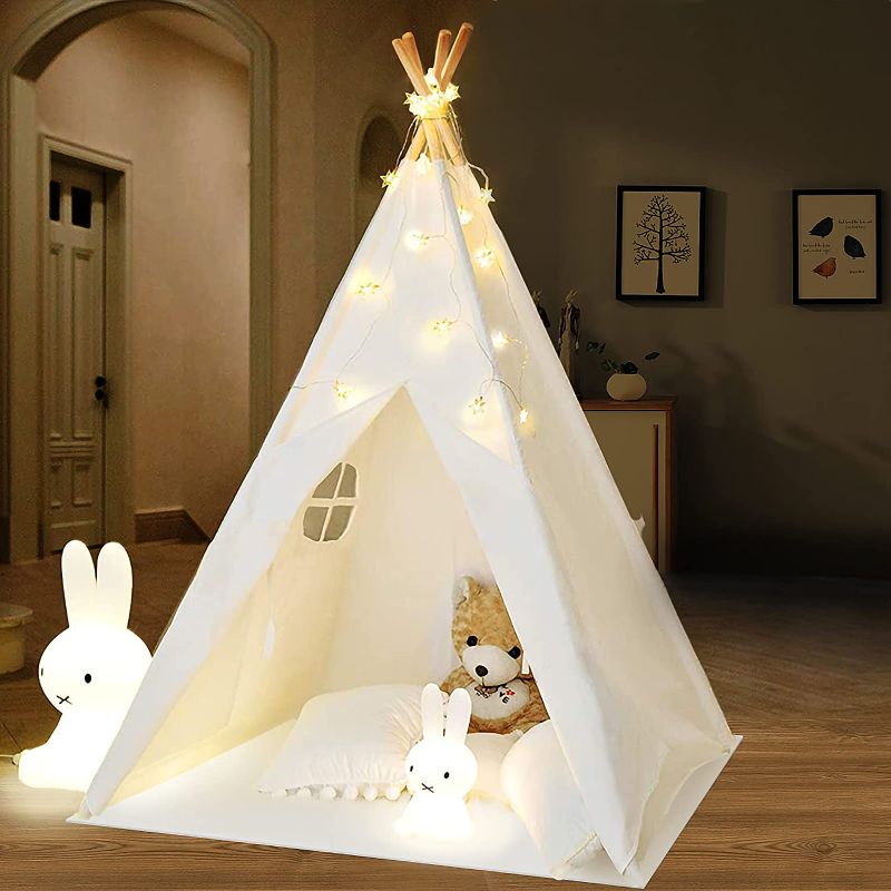 Photo 1 of  Teepee Tent for Kids, Kids Teepee Play Tent with Twinkle Star Lights & Carry Case, Foldable Canvas Teepee Tent for Girls, Boys & Adults