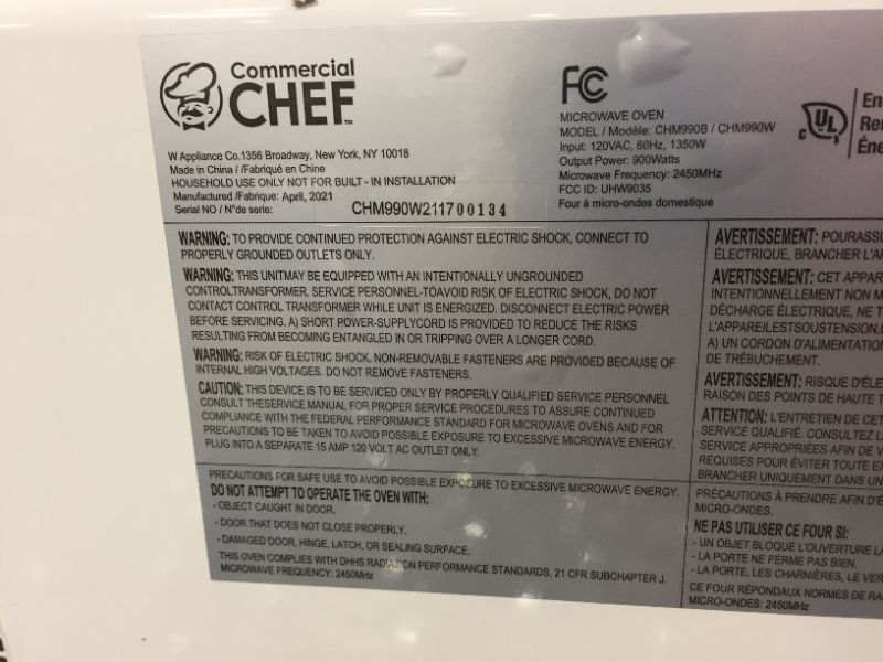 Photo 4 of Commercial Chef COMMERICAL CHEF 0.9 C.F. MICROWAVE WHITE