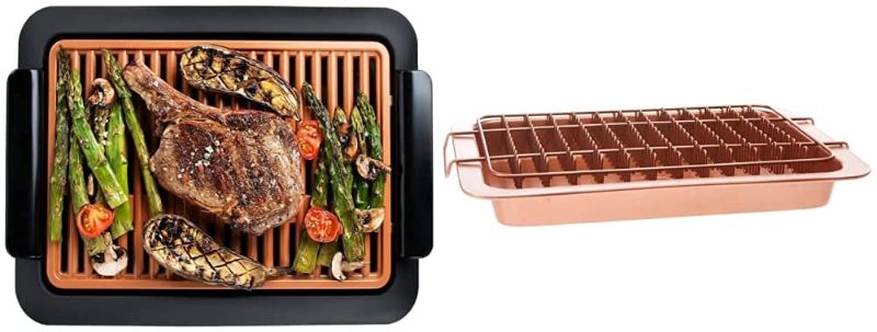 Photo 1 of GOTHAM STEEL Smokeless Grill Indoor Grill Ultra Nonstick Electric Grill â€“ Dishwasher Safe Surface, Temp Control, Metal Utensil Safe & Bacon Bonanza by Oven Healthier Bacon Drip Rack Tray with Pan
