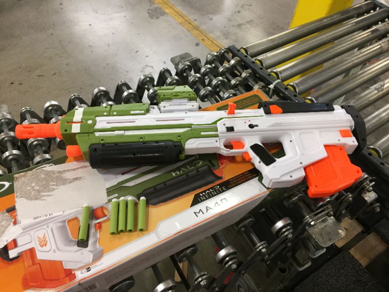 Photo 3 of NERF Halo MA40 Motorized Dart Blaster -- Includes Removable 10-Dart Clip, 10 Official Elite Darts, and Attachable Rail Riser , White
