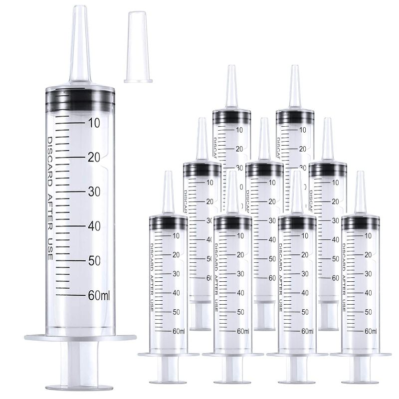 Photo 1 of 10 Pack 60ml/cc Plastic Syringe Liquid Measuring Syringe Tools Individually Sealed with Measurement for Scientific Labs, Measuring Liquids, Feeding Pets, Medical Student, Oil or Glue Applicator (60ML)