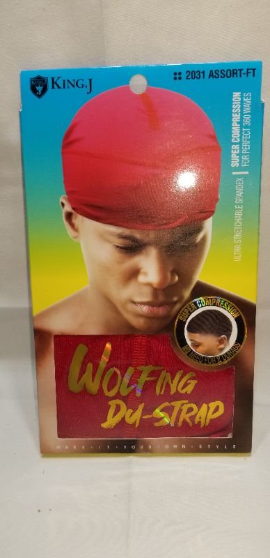 Photo 1 of King J Wolfing Du-Strap #2030 No Strings-Snaps Stringless durag compressing cap (Black/Red)