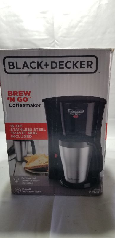 Photo 2 of BLACK+DECKER Brew ?n Go Personal Coffeemaker with Travel Mug, Black/Stainless Steel, DCM18S