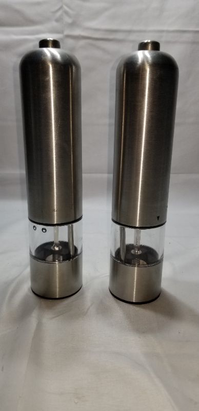 Photo 2 of Electric Salt and Pepper Grinder Set - Automatic, Refillable, Battery Operated Stainless Steel Spice Mills with Light - One Handed Push Button Peppercorn Grinders and Sea Salt Mills