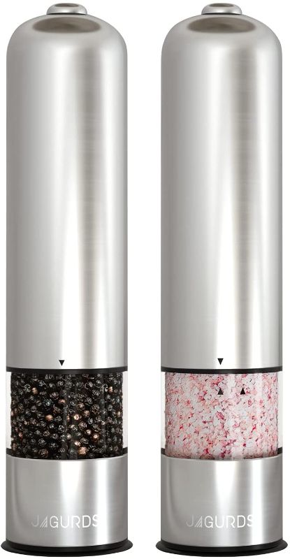 Photo 1 of Electric Salt and Pepper Grinder Set - Automatic, Refillable, Battery Operated Stainless Steel Spice Mills with Light - One Handed Push Button Peppercorn Grinders and Sea Salt Mills