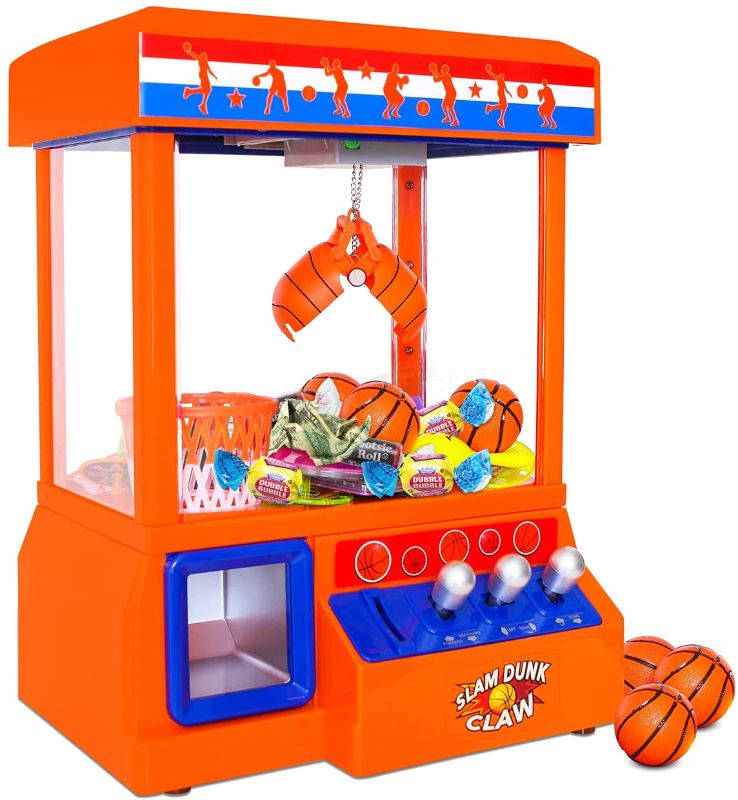 Photo 1 of  Slam Dunk Claw Machine - Miniature Candy Grabber for Kids with 3 Small Basketballs, 30 Reusable Tokens - Electronic Prize Dispenser Toy with Arcade Music - Party Game for Children