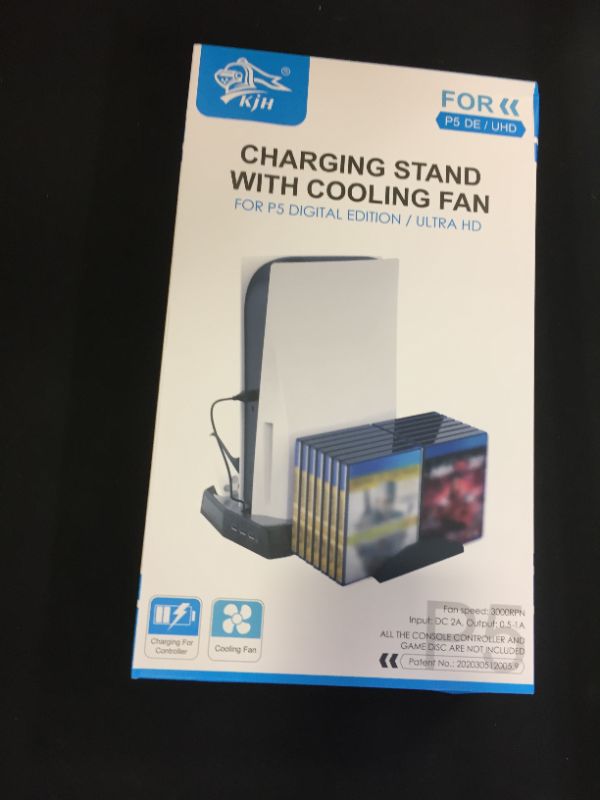 Photo 2 of PS5 Stand with Cooling Fan and Dual Controller Charger Station for PS5 Console Playstation 5 Disc&Digital Edition?Charging Dock Station with 14 Game Slots and 3 USB Ports
