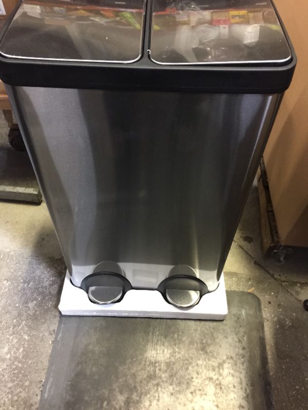 Photo 1 of  Dual Trash Can, 16 Gallon (2X30L) Step Rubbish Bin, Stainless Steel Double Compartment Classified Recycle Garbage Pedal Dustbin, Suit for Bathroom Kitchen Office Home, Indoor and Outdoor-----dent in back 