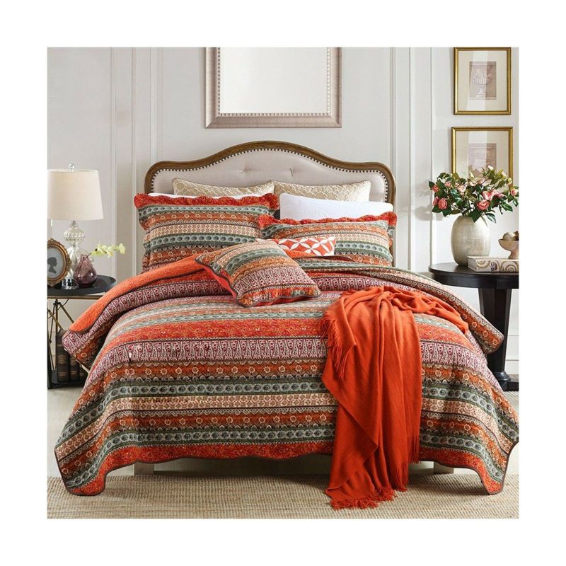 Photo 1 of  Bohemian Striped Classical Cotton 3-Piece Patchwork Bedspread Quilt Set
