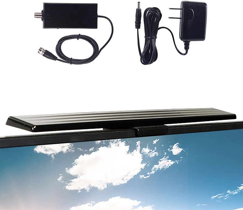 Photo 1 of GE Amplified HD TV Antenna, Easy Mount to Top of TV Design, Supports 4K 1080P Digital HDTV VHF UHF, Long Range, Included Amplifier Signal Booster, AC Adapter, and 5 ft. Coax, Indoor, 37075
