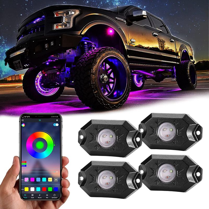 Photo 1 of RGB LED Rock Lights, 4 Pods Underglow Multicolor Neon Light with App Control Timing Music Mode Lighting Kit Waterproof Exterior Wheel Light for Off Road Truck ATV UTV SUV
