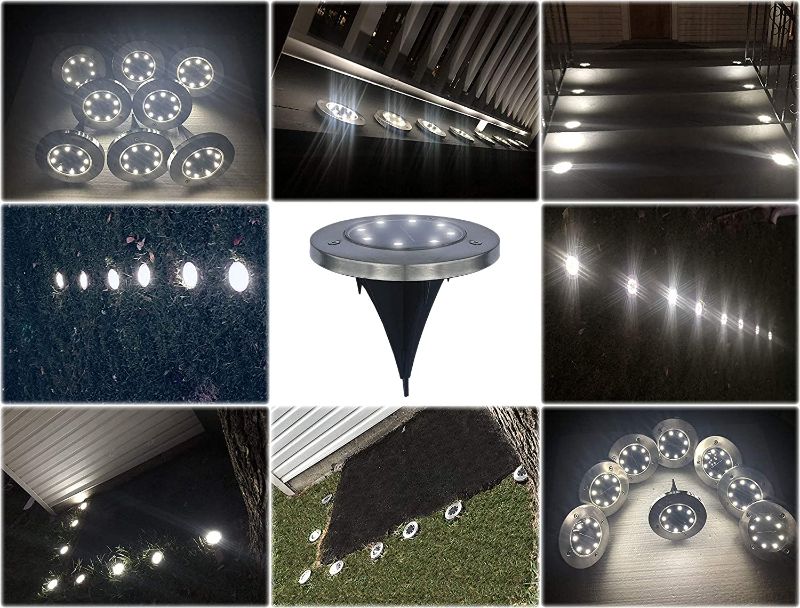 Photo 1 of CASE OF 120 Outdoor Solar Ground Lights Pack of 8 - Bright LED Light for Driveway and Patio – Waterproof with 8 White LED Solar Powered Ground Disk for Sidewalk and Garden Decorations

