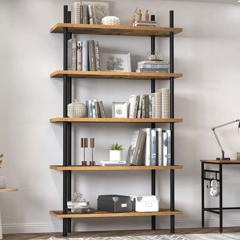 Photo 1 of 5 Tier Bookshelf, 66.7" Industrial Wood Bookcase Tall Bookshelves Open Display Shelf Standing Storage Organizer Rack with Pipe Metal Frame for Bedroom Living Room Office, No Assembly Tool Required
