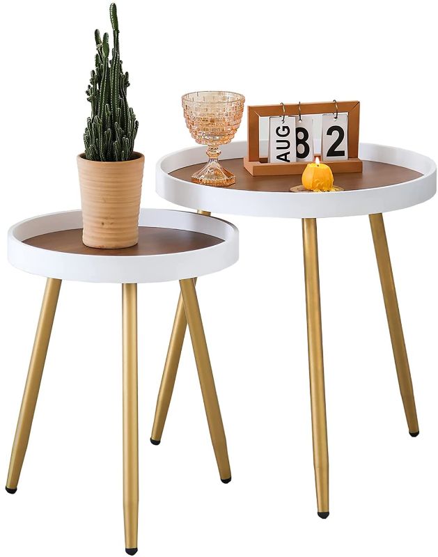 Photo 1 of YMLHOME Round End Table Modern Nightstand Coffee Table Wooden Tray Side Table for Bedroom Living Room Balcony Small Spaces (15" D x 18" H & 20" D x 21" H)
