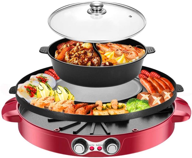 Photo 1 of 2200W 4.5L Electric Smokeless Grill and Hot Pot, 110V 2 in 1 Detachable Easy to Clean BBQ & Shabu Shabu with Independent Temperature Control for 2-8 People Family Gathering Friend Meeting Party
