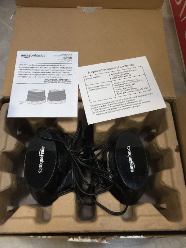 Photo 1 of Amazon Basics USB Plug-n-Play Computer Speakers for PC or Laptop - 1 Pair (2 Speakers), Black with Blue LED Light
