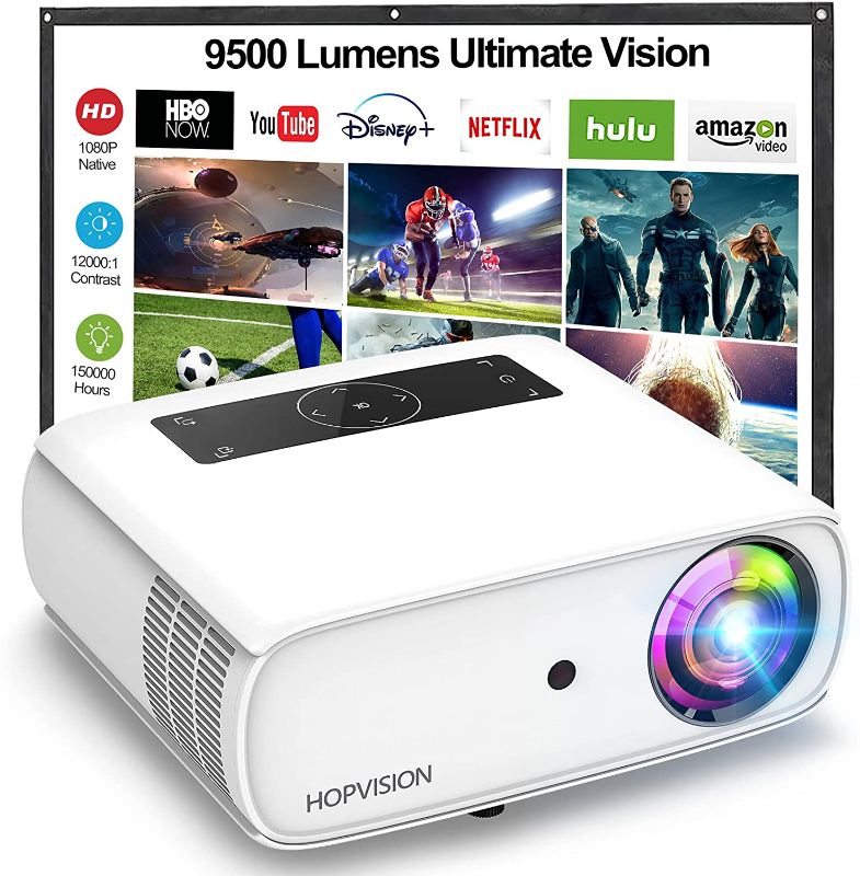 Photo 1 of HOPVISION Native 1080P Projector Full HD, 9500Lux Movie Projector with 150000 Hours LED Lamp Life, Support 4K 350" Home Outdoor Projector for Smartphone/ PC/ Laptop/ PS4/ TV Stick/ EXCEL/ PPT
