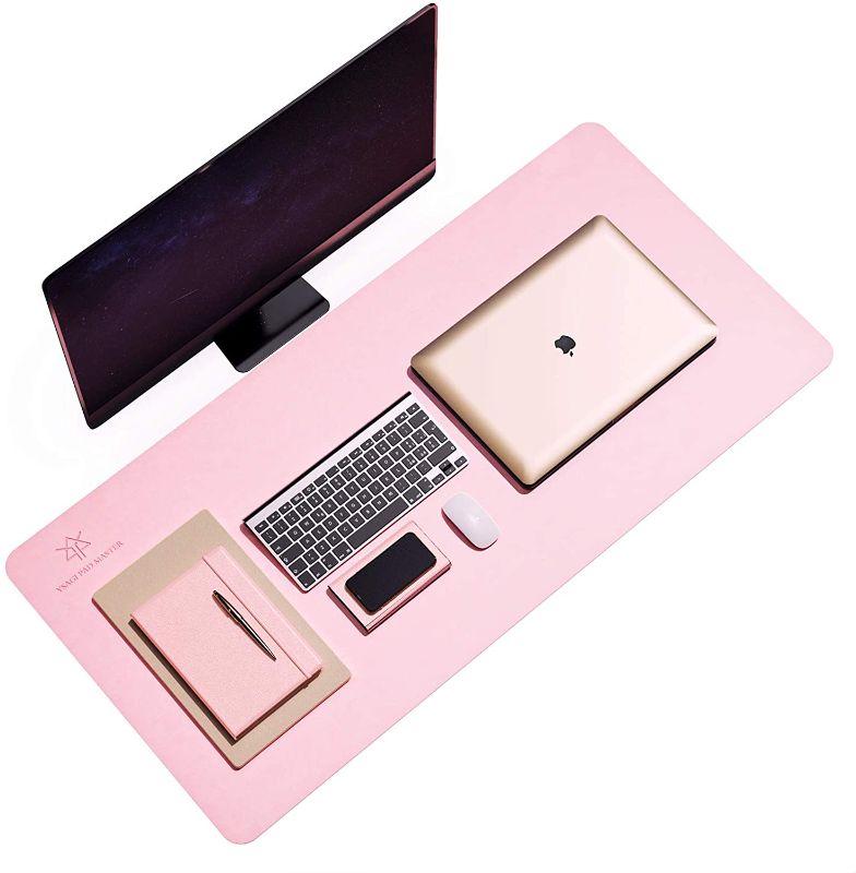 Photo 1 of Leather Desk Pad, Non-Slip Office Desk Pad Protector, Easy Clean Waterproof Desk Blotter, Non-Sticky Laptop Desk Writing Mat Mouse Pad (Pink, 35.4" x 17")
