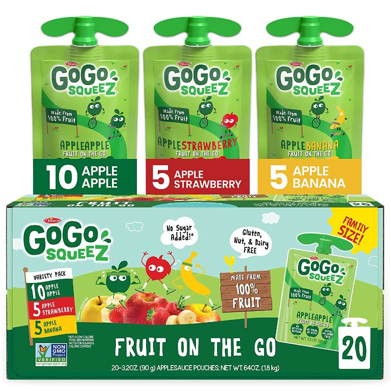 Photo 1 of 2 PACK - GoGo squeeZ Fruit on the Go Variety Pack, Apple Apple, Apple Banana, & Apple Strawberry, 3.2 oz. (40 Pouches) - Tasty Kids Applesauce Snacks - Gluten Free Snacks for Kids - Nut & Dairy Free - Vegan Snacks BEST BY 12.09.2021
