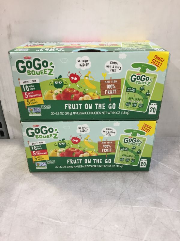 Photo 1 of 2 PACK - GoGo squeeZ Fruit on the Go Variety Pack, Apple Apple, Apple Banana, & Apple Strawberry, 3.2 oz. (40 Pouches) - Tasty Kids Applesauce Snacks - Gluten Free Snacks for Kids - Nut & Dairy Free - Vegan Snacks BEST BY 12.09.2021
