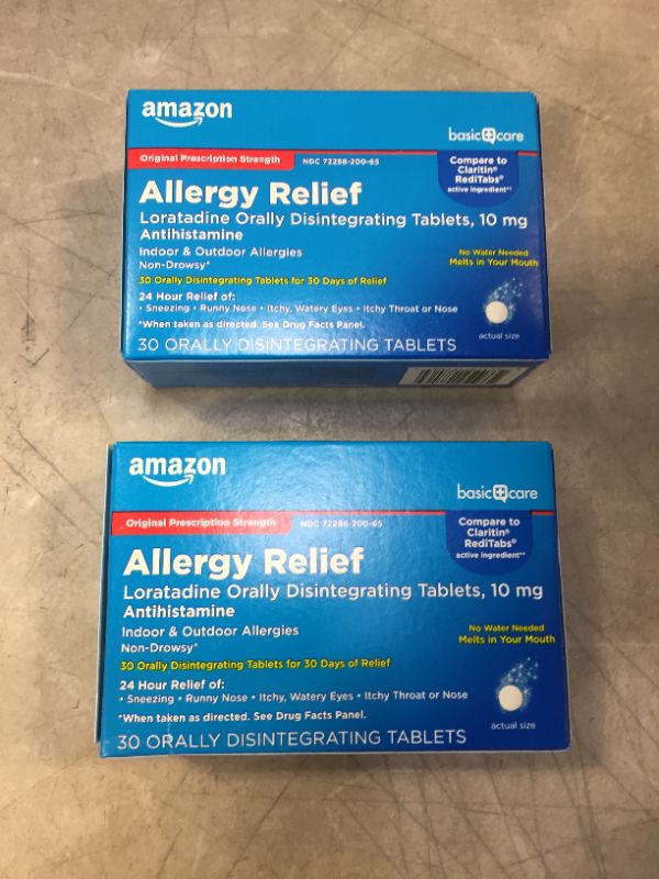 Photo 2 of 2 PACK - Amazon Basic Care Loratadine Orally Disintegrating Tablets, 10 mg, Antihistamine, 24-Hour Allergy Medicine, 30 Count BEST BY 02.2022