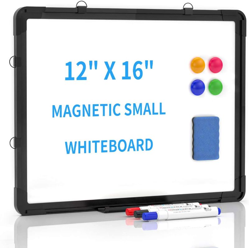 Photo 1 of Small Dry Erase White Board 12" x 16", Portable Magnetic Hanging Whiteboard for Wall -3 x Dry Erase Markers, 4 x Magnets, 1 x Eraser, Cubicle Memo Board for Kids, Home, Office, School (Black)
