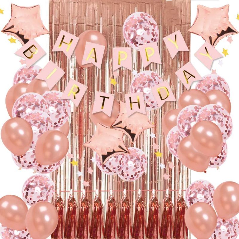 Photo 1 of 37ct Rose Gold Birthday Decorations KIT - Happy Birthday Banner, Foil Curtains, Paper Tassels, Confetti Balloons with Star Decorations