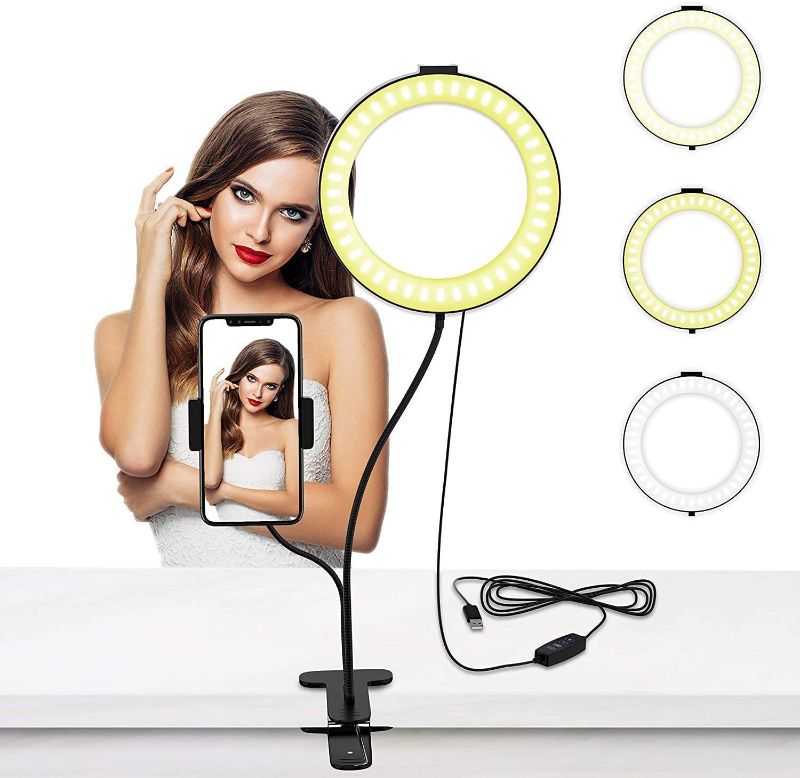 Photo 1 of BuFan Selfie Ring Light with Cell Phone Holder, 10 Level Brightness & 3 Light Modes for Live Stream/Makeup, Dimmable LED Camera Lighting Flexible Arms Compatible with iPhone X Max 11 12 8 7 Android
