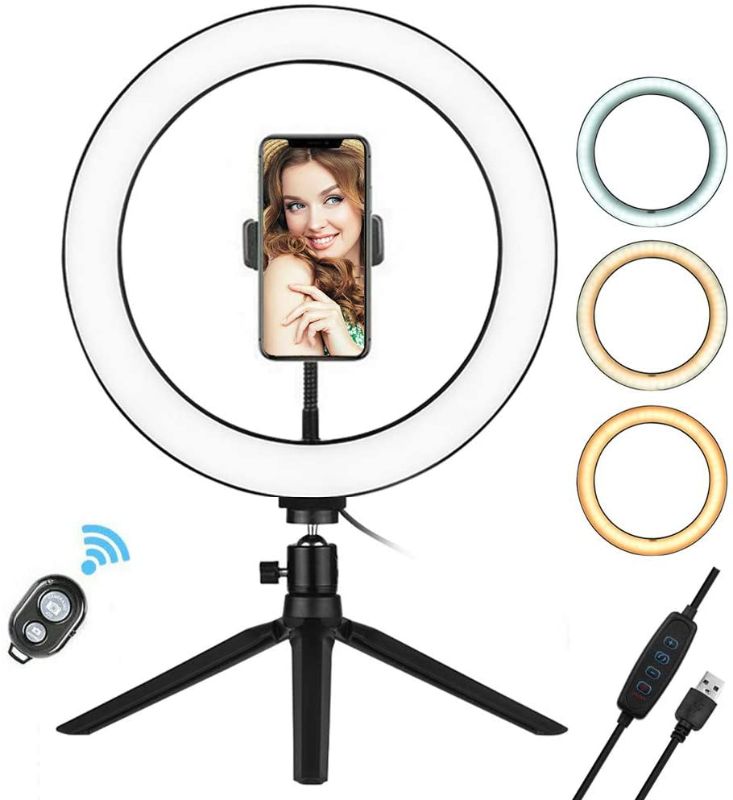 Photo 1 of Andoer 10 inch LED Selfie Ring Light with Tripod Stand Phone Holder Remote Control 3200K-5500K Dimmable Table Camera Light Lamp 3 Light Modes 10 Brightness Level for YouTube Video Photo Studio Live
