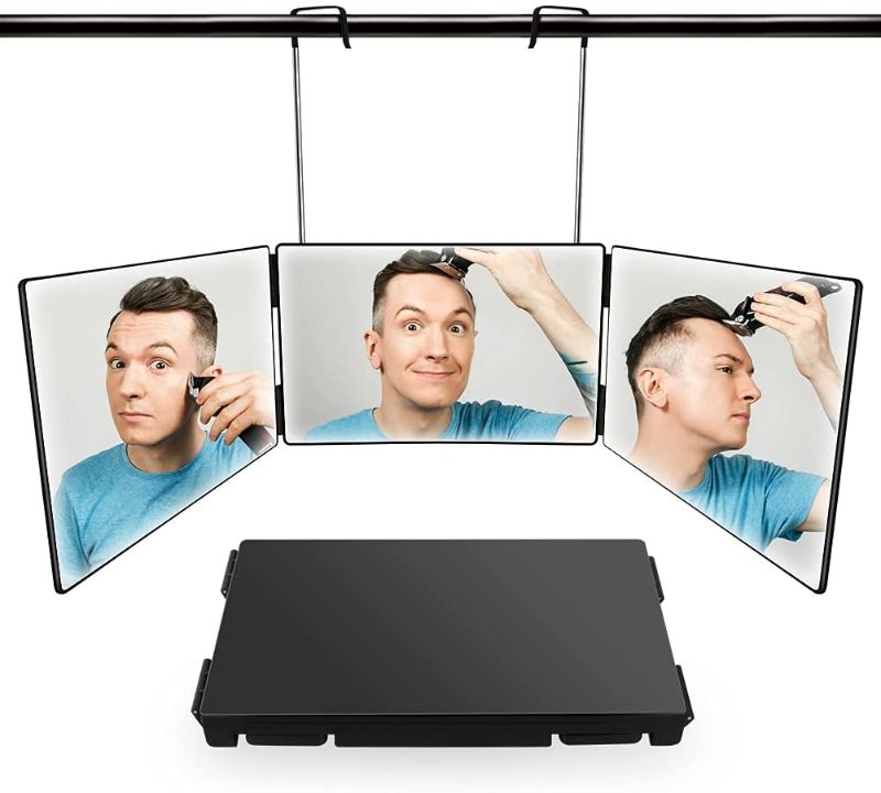 Photo 1 of 3 Way Mirror for Hair Cutting,Self Haircut Mirror,360 Barber Mirror with Adjustable Telescoping Aluminum Hooks,DIY Haircut Tool Use for Self Hair Cutting,Styling,Women Makeup,Men Shave Neckline
