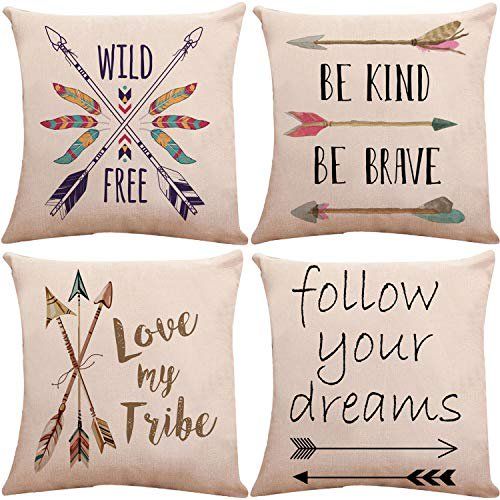 Photo 1 of ZUEXT Decorative Boho Arrows Throw Pillow Covers 20 x 20 Inch 2 Side Print with Blessed Words Wild & Free Follow Your Dreams, Set of 4 Outdoor Cotton Linen Spirit Pillowcases for Couch Home Deocr
