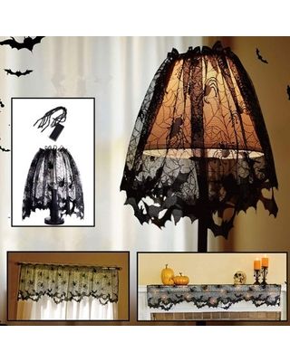 Photo 1 of Halloween Lamp Shade Cover Decoration, Black Lace Ribbon Spider web Lampshades Cover Topper Scarf for Festive Party Indoor Decor Supplies