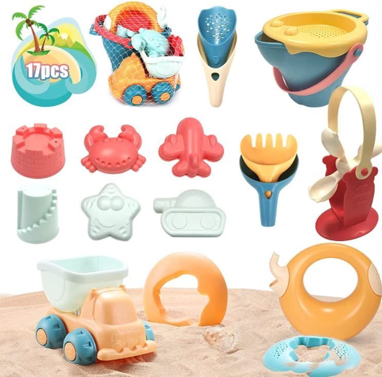 Photo 1 of BIANHUA Kids Beach Sand Toys, 17Pcs Beach Toys Set with Bucket, Sand Molds, Watering Can, Shovels, Sand Sieve,Mesh Bag, Sandbox Toys for Toddlers, Outdoor Play for Boys, Girls
