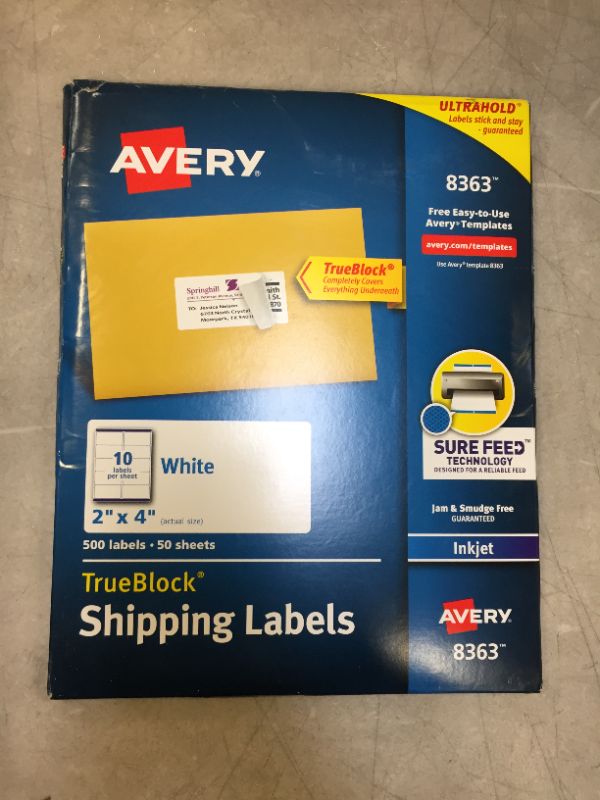 Photo 1 of Avery Shipping Address Labels, Inkjet Printers, 500 Labels, 2x4 Labels, Permanent Adhesive, TrueBlock (8363) , White
