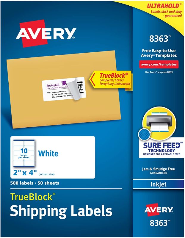 Photo 1 of Avery Shipping Address Labels, Inkjet Printers, 500 Labels, 2x4 Labels, Permanent Adhesive, TrueBlock (8363) , White
