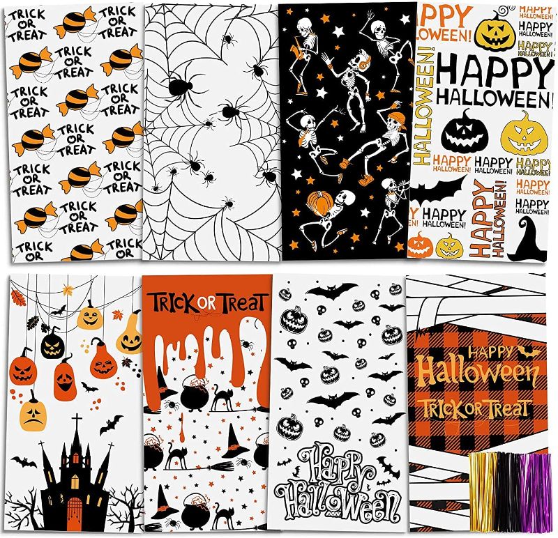 Photo 1 of 4 pack - TOMNK 168 PCS Halloween Cellophane Bags with 180 PCS Twist Ties Clear Candy Cookie Treat Bags Buffalo Check Plaid Skeleton Spider Trick-or-Treat Halloween Party Supplies 8 Styles
