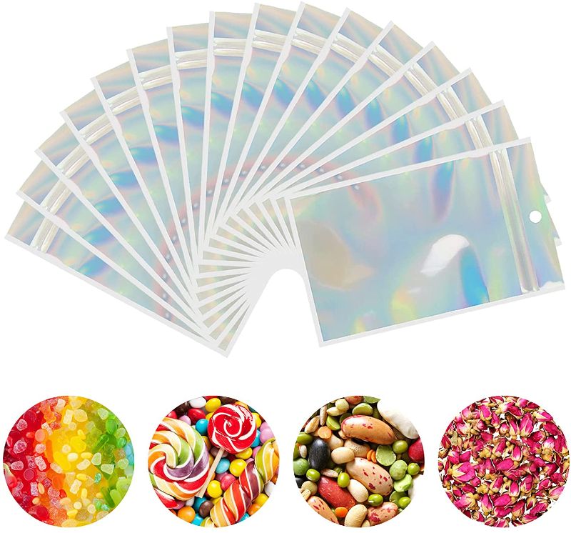 Photo 1 of 100 Pieces Holographic Bags Resealable Mylar Bags Bags Resealable Mylar Bags for Food Storage 7 x 3.9'' for Party Favor Food Storage
