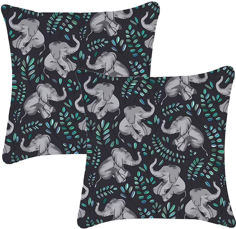 Photo 1 of Zepolu Adorable Laughing Baby Elephant Pillow Covers 20X20, Decorative Pillow Case Set of 2 Happy Animals Turquoise Leaves Holiday Kids Love Soft Polyster Seamless for Couch Bed Chair Bench Salon Inn
