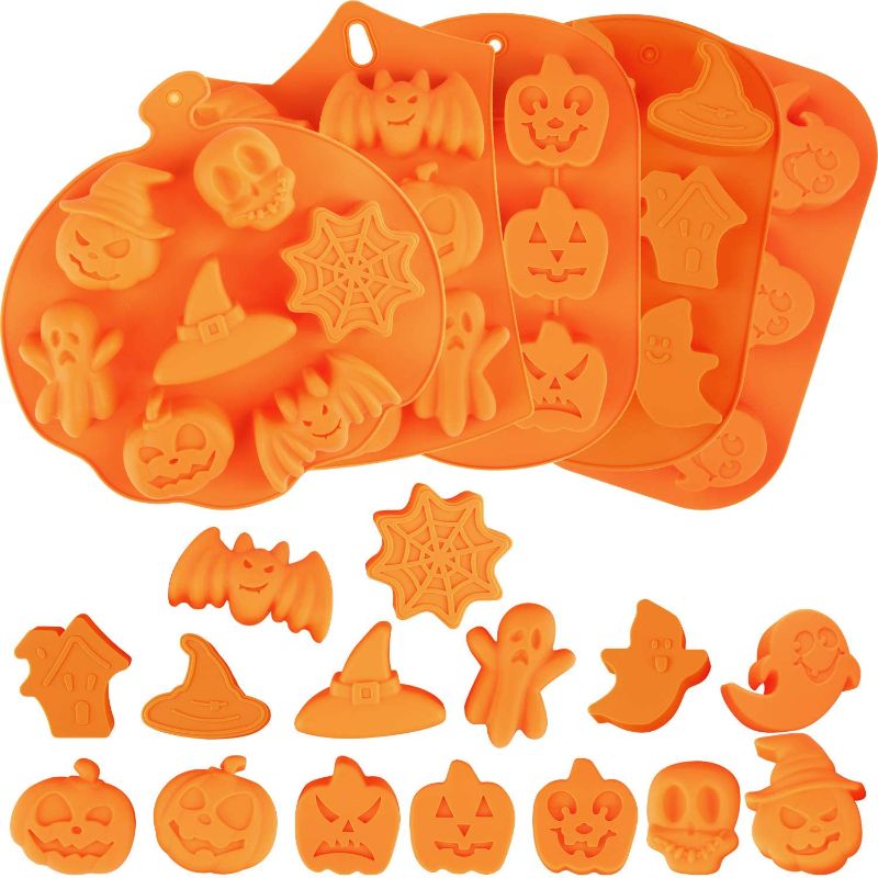 Photo 1 of  5 Pieces Halloween Silicone Baking Molds Candy Silicone Molds with Pumpkin Chocolate Cupcakes Bat Skull Ghost Shape for Halloween Kitchen DIY Baking Tools