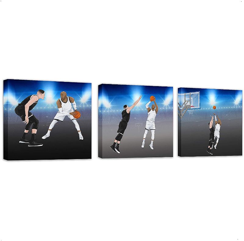 Photo 1 of Basketball Canvas Wall Art Sports Décor Jump Shot for Bedroom Living Room Bathroom Kitchen Office Boys Teen Kids Baby Nursery 12”x12” 3 Piece Home