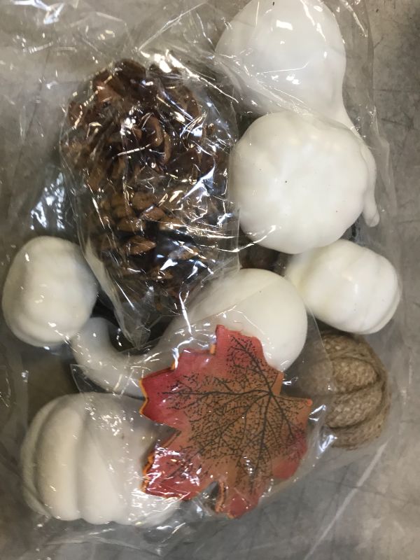 Photo 3 of Fall Decor Artificial White Pumpkins Set, Fake Mini Foam Pumpkins Maples Leaves Pine Cones Acorns Autumn Harvest Thanksgivings Halloween Fall