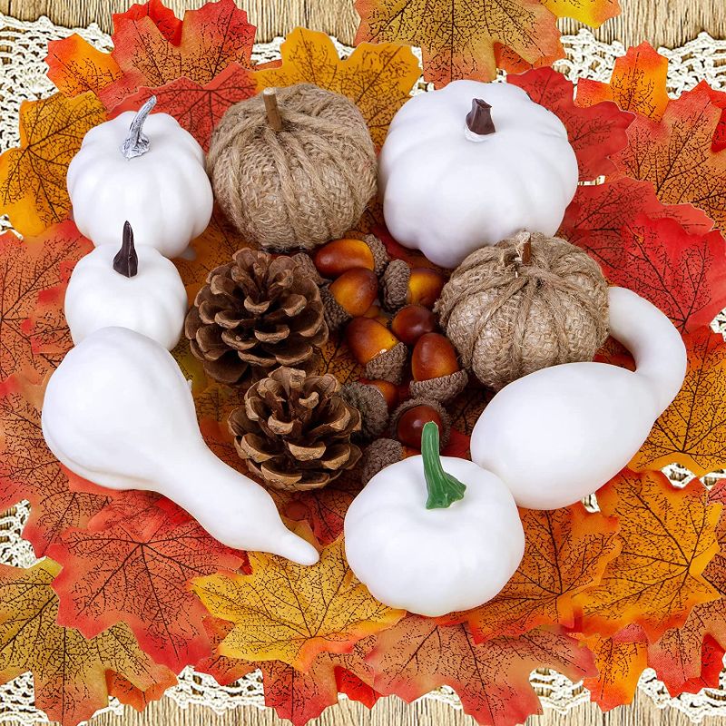 Photo 1 of Fall Decor Artificial White Pumpkins Set, Fake Mini Foam Pumpkins Maples Leaves Pine Cones Acorns Autumn Harvest Thanksgivings Halloween Fall