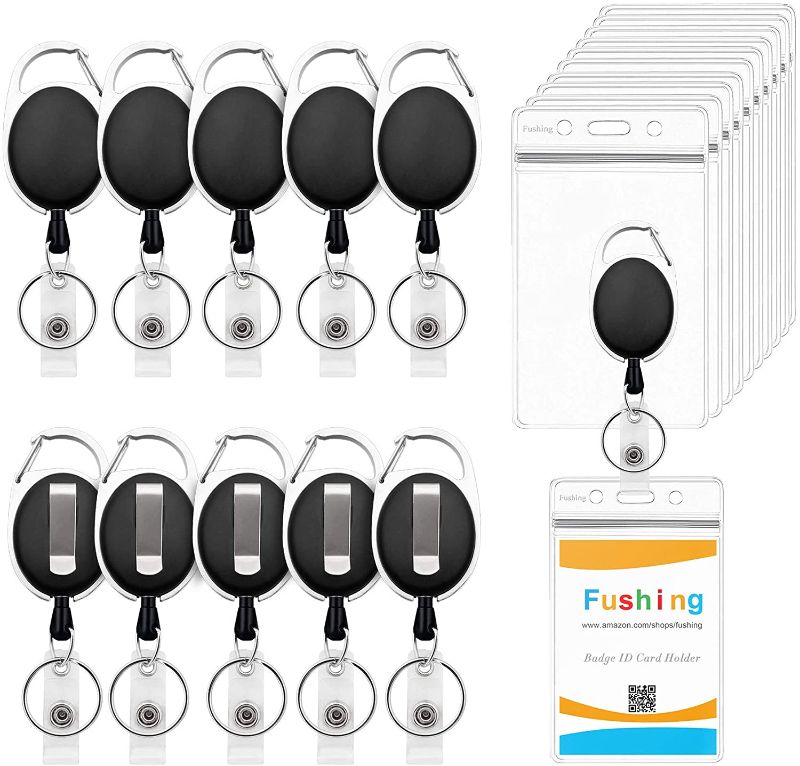 Photo 1 of Fushing 10Pack Retractable Badge Holders, Single Layer Thickness 0.4mm, Heavy Duty Clear Vertical PVC ID Card Badge Holders Retractable Badge Reel Carabiner...