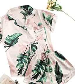 Photo 1 of Floerns Women's Notch Collar Palm Leaf Print Sleepwear Two Piece Pajama Set
size XL