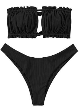 Photo 1 of ZAFUL Women's Strapless Ribbed Tie Back Ruffle Cutout Bandeau Bikini Set Swimsuit BLACK, XL